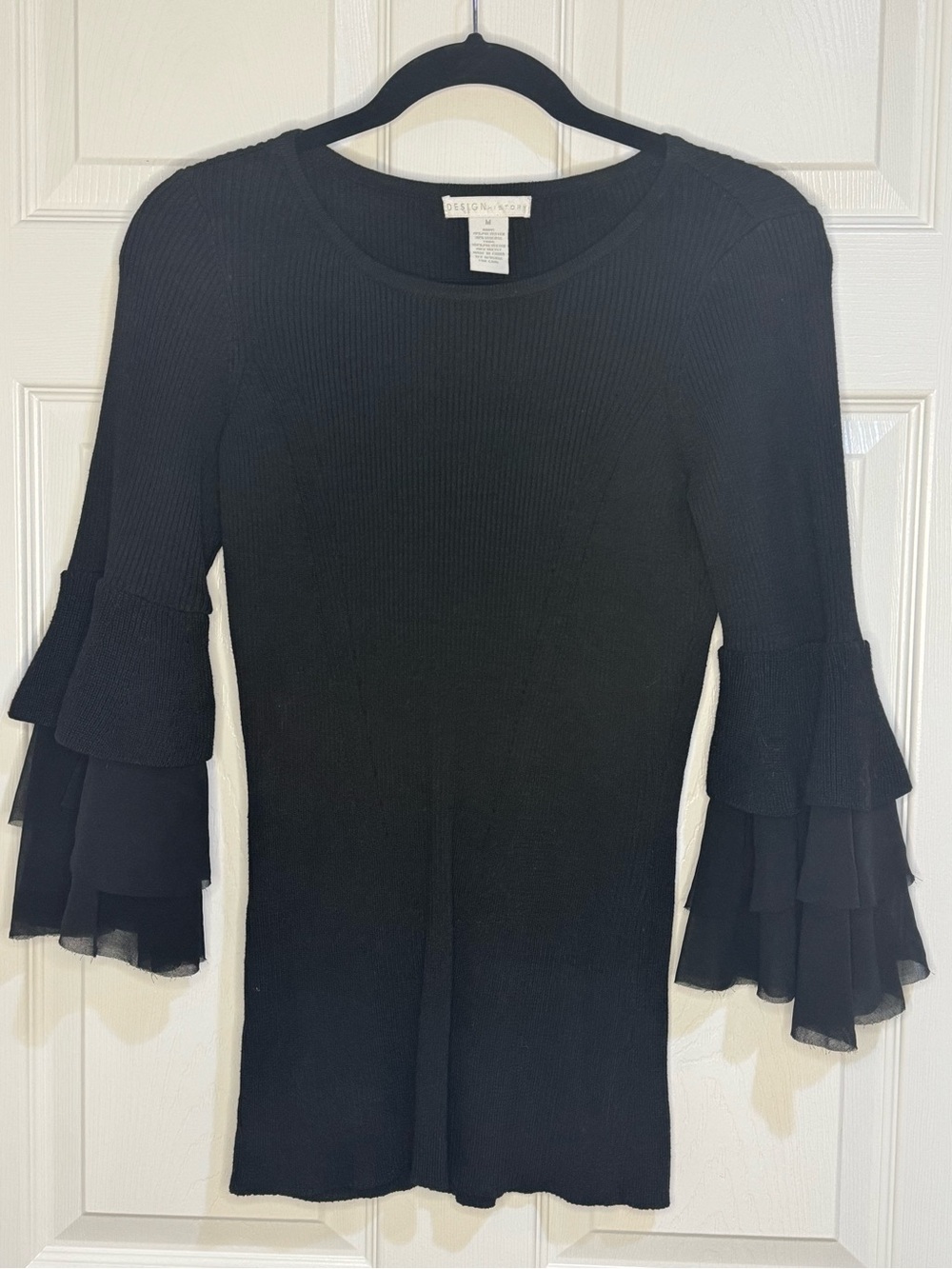Design History Black Ruffle-Sleeve Scoop Neck Sweater
